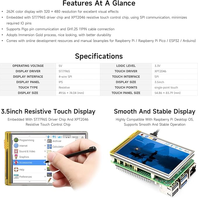 Waveshare 3.5inch Resistive Touch Display Compatible with Raspberry Pi 5/4B/3B Pi Pico IPS Panel 320×480 Immersion Gold Process 262K Color
