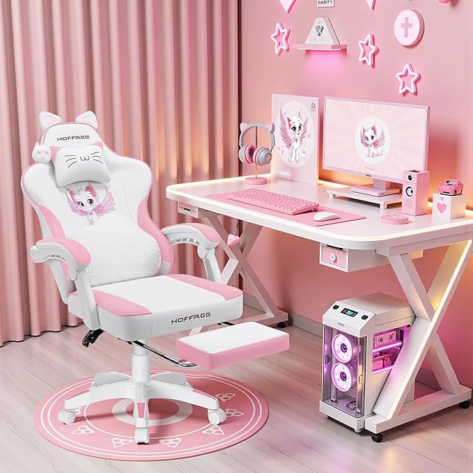 HOFFREE Pink Gaming Chair with Cat Ears and Cloud Massage Lumbar Ergonomic Cute Computer Chair for Girls with Footrest Comfortable Reclining Game Chairs for Adults Pink and White
