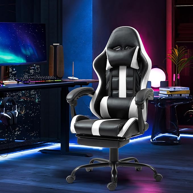 Massage Gaming Chair w/Footrest Ergonomic High Back PC Chair w/Headrest and Lumbar PU Swivel Home Desk Office Chair White