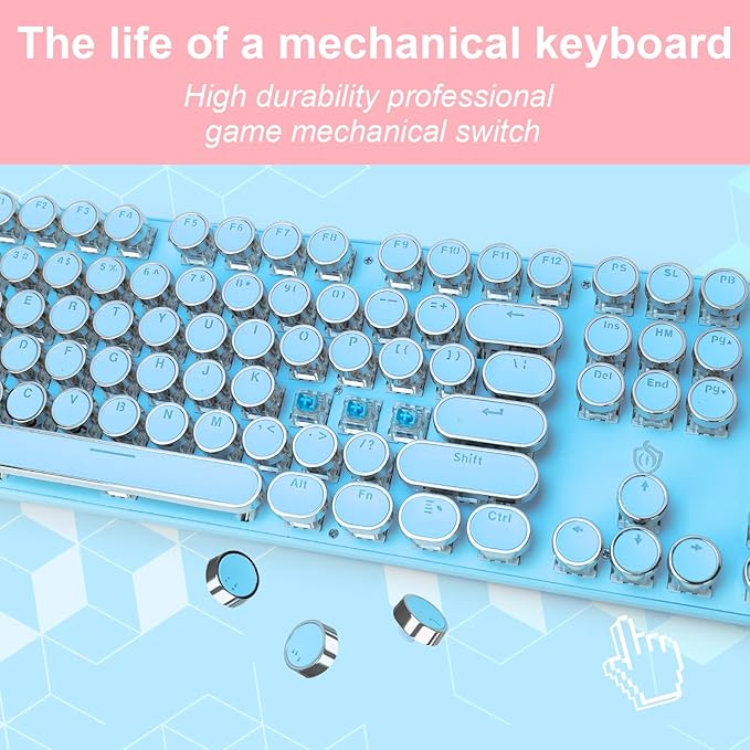 Typewriter Style Mechanical Gaming Keyboard RGB Backlit Wired with Blue Switch Retro Round Keycap 104 Keys Keyboard (Blue 104 Keys LED)
