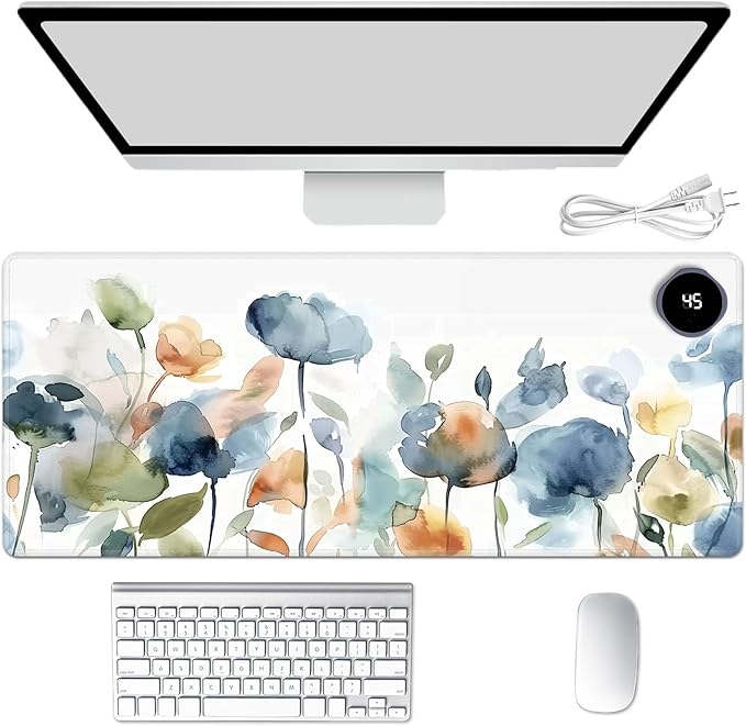 Heated Mouse Pad Hand Warmer Warm Desk Pad Mousepad Desk Mat with 3 Levels Heating and Auto Shut Down 31.5 x 13 inch PU Leather Warmer Keyboard Mat for Gaming Laptop Office Home Watercolor Flower