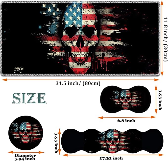 Large Gaming Mouse Pad + Keyboard Wrist Rest + Wrist Support + Coaster Set Memory Foam Ergonomic for Easy Typing XXL Extended Gaming Mouse Pad Table Pad - American Flag Skull