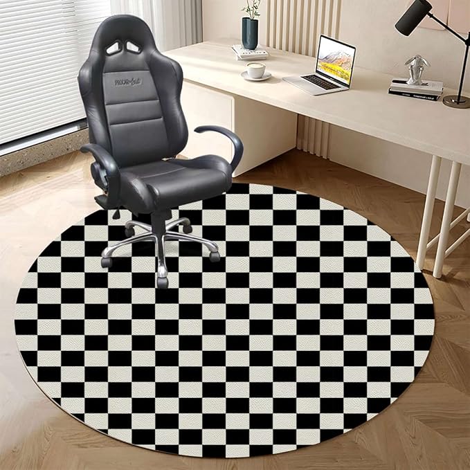 White Charcoal PU Leather Carpet for Hard Wood &amp Tile Floor Checkers Game Geometric Grid Style Chair Rugs Floor Protectors Mat Computer Chair Mat for Rolling Chair Checkered Diameter 39.4 in