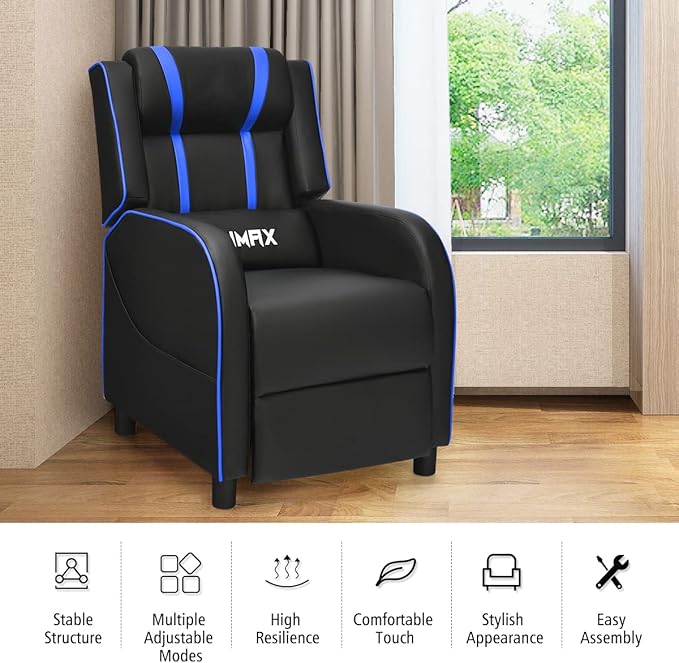 8AM Office Gaming Massage Recliner Sofa Ergonomic PU Leather Gaming Recliner Sofa with Footrest Lumber Support Side Pouch &amp Remote Control for Gaming Living Room Theater (Blue)