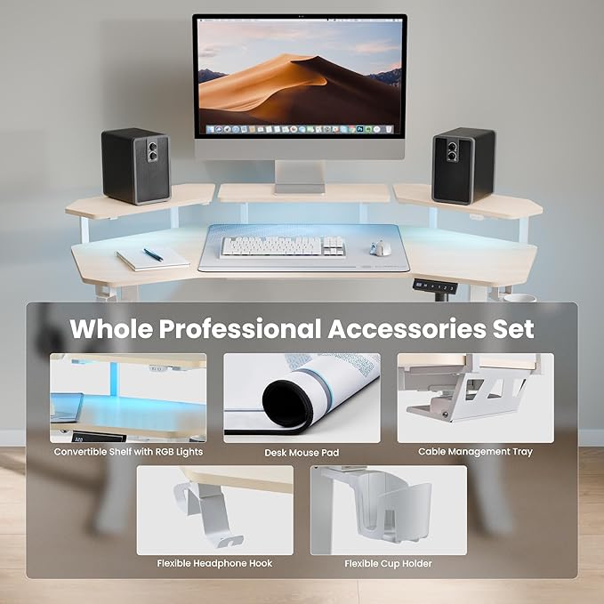 EUREKA ERGONOMIC Aero 55 Inch W Shaped Electric Standing Desk Height Adjustable Computer Gaming Desk with LED Monitor Shelf Mouse Pad Headphone Hook Cup Holder Natural Maple