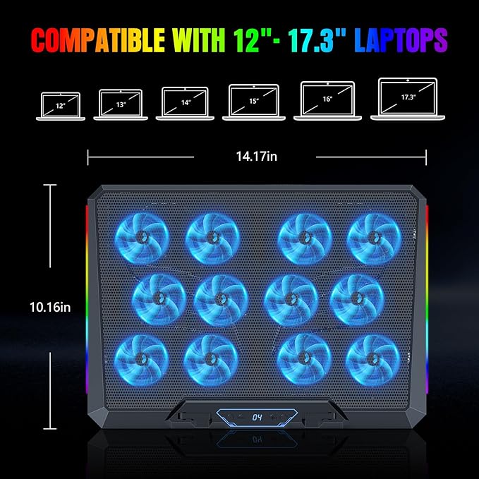 Laptop Cooling Pad with 12 Quiet Fans Slim Portable for 12-17.3 Inch Laptop Cooler Stand RGB Lighting with 5 Height Adjustable Gaming Cooling Fan Pad USB/Type-C &amp Phone Holder (LCD)