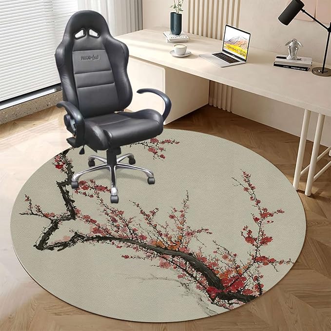 Burgundy Black PU Leather Chair Mat for Hardwood Floor &amp Tile Floor Nature Cherry Branches Flowers Anti-Slip Low Pile Under Desk Rug Large Floor Protector Apartment Decor Diameter 39.4 in