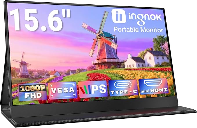 Ingnok Portable Monitor 15.6inch FHD 1080P Travel Monitor Ultra-Thin USB-C Plug&ampPlay Built-in Speakers Portable Screen for Laptop Mac Switch/PS5 Travel&ampOffice Assistant