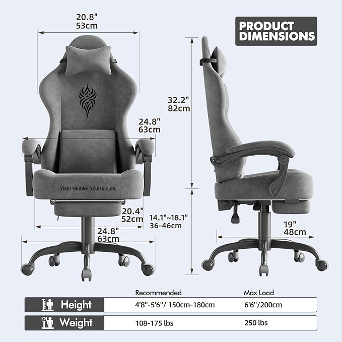 Soontrans Dark Grey Velvet Fabric Gaming Chairs with Footrest Ergonomic Comfortable Video Gamer Chair Reclining Office Computer Desk Game Chairs with Massage Lumbar CushionHeadrest for Adult