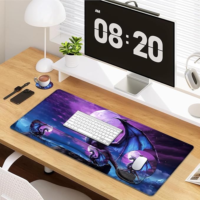Large Mouse Pad Ergonomic Mouse Pad with Wrist Rest and Keyboard Wrist Rest 4 in 1 Set 31.5 x11.8 inch Extended Desk Pad for Home Office Purple Flying Dragon Pattern XXL Gaming Mouse Mat