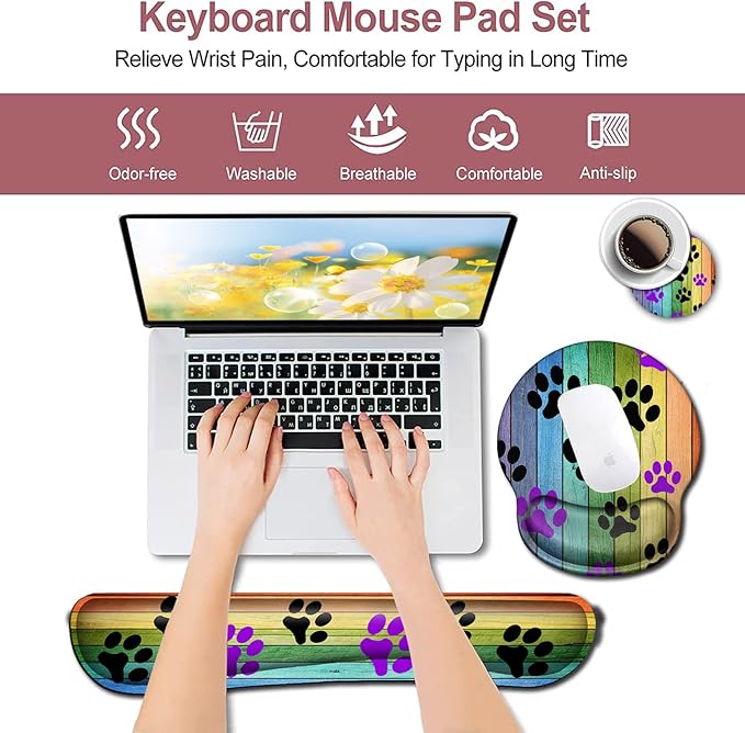 Mouse Pad with Wrist Support Memory Foam Keyboard Wrist Rest Gaming Mousepad Office Easy Typing Games to Relieve Fatigue Non-Slip Rustic Rainbow Woodgrain Black and Purple Dog Paw Personality Desings