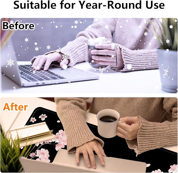 Heated Mouse Pad - 3 Temperature Settings (86°F–122°F)Auto Shut OffLarge 31.5x13 Inch PU Leather Desk Mat for OfficeGamingCold Hands ReliefPink Cherry Blossom Moon