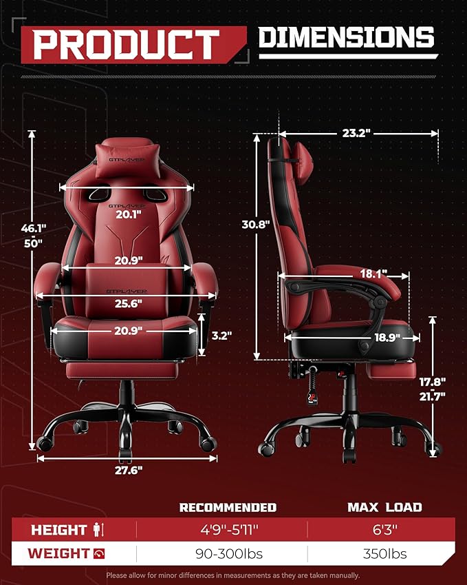 GTPLAYER Gaming Chair Computer Chair with Footrest and Lumbar Support for Adults 360°-Swivel Big &amp Tall Reclining Seat for Office or Gaming (Wine Red)