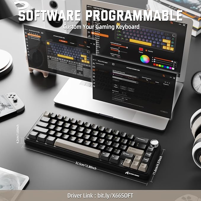 MAMBASNAKE Attack Shark X66 Gasket Wireless Mechanical Keyboard with Volume Knob60% BT/2.4GHz/Wired Gaming KeyboardRGB BacklitOEM Tri-Color PBT keycaps66 Keys Hot Swappable for PC/MACStarblack