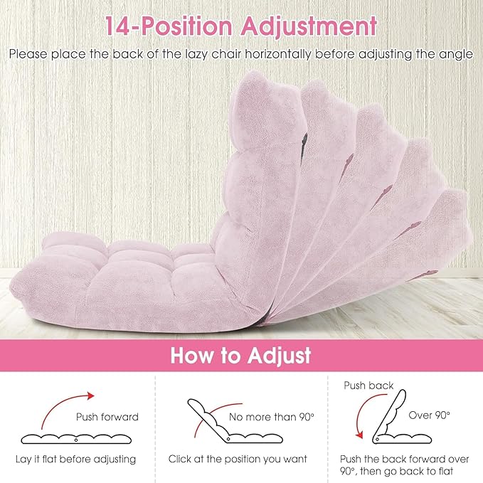 Floor Chair with Back Support 14-Position Lazy Sofa Chair with Soft Coral Fleece Folding Floor Gaming Chair Couch Recliner Floor Seat for Reading Meditating Yoga Gaming (Pale Pink)