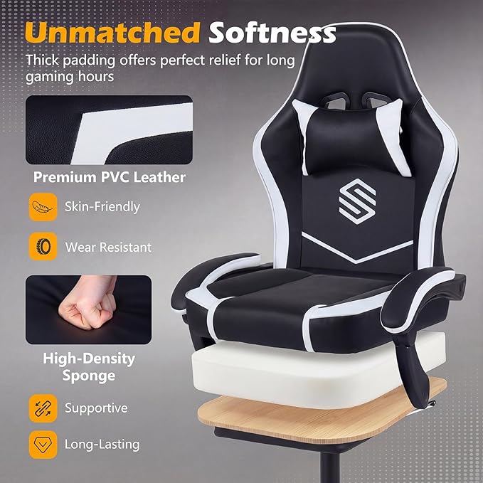Giantex Gaming Chair Height Adjustable Computer Desk Chair with Headrest Lumbar Support Linkage Armrests Reclining Backrest &amp Footrest Ergonomic Office Chair Video Game Chair (Black)