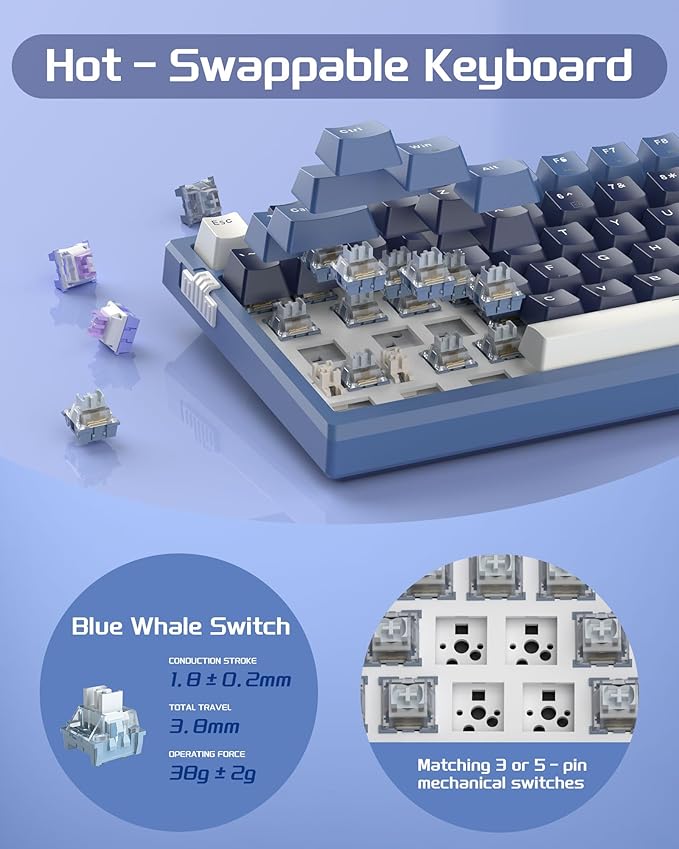 MageGee SKY98 Mechanical Gaming Keyboard 96% Gasket Hot Swappable Wired Custom Creamy Keyboard with 5-Layer Sound Dampening RGB Backlit NKRO for Win/Mac (Prussian Blue Blue Whale Switch)