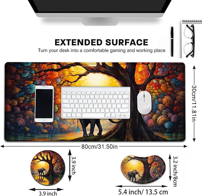 Large Mouse Pad with Mouse Wrist Rest 31.5x11.8 in Extended Mouse Mat Ergonomic Memory Foam Wrist Rest for Work &amp Gaming Writing Pad Colorful Tree of Life and Elephant Office Desk Pad