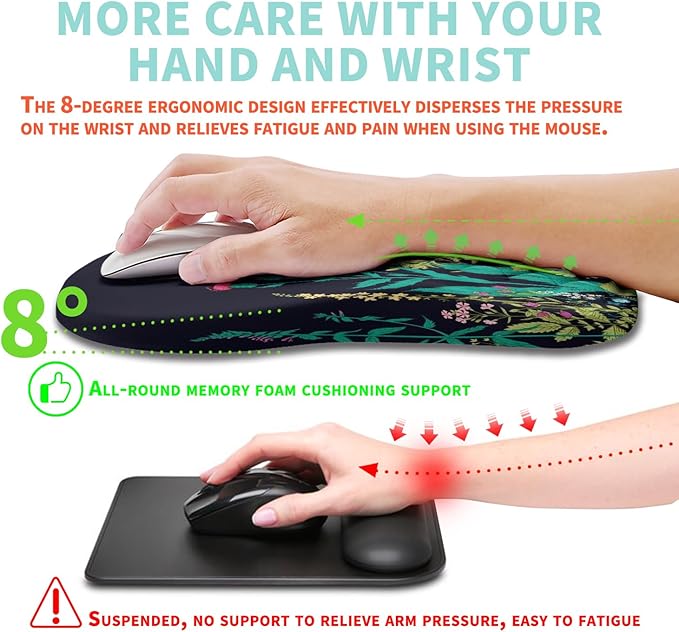 Ergonomic Mouse Pad Wrist Support with Memory Foam Massage Bulge Carpal Tunnel Pain Relief Mousepad Wrist Rest for Mouse(12x8 inch Midnight Floral)