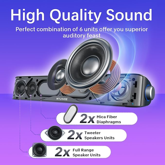 Nylavee Computer Speakers with Subwoofer 2.1 PC Speakers System with Bluetooth 5.4 &amp 3.5mm Aux-in 60W Peak Power AC Adapter Powered Computer Sound Bar for Desktop PC Laptop Monitor Gaming