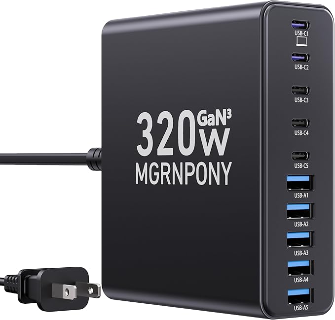 320W USB C Charger Block 10-Port USB C Charging Station GaN III PD 65W Laptop Fast Charger Adapter for MacBook Pro/Air DELL iPad iPhone Samsung Galaxy Black