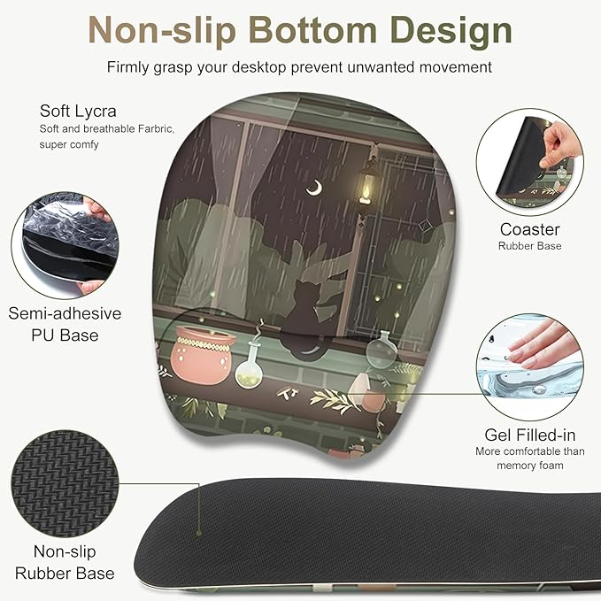 Aesthetics Large Mouse Pad with Wrist Support 4 in1 Set XXL Big Game Mousepad + Keyboard Wrist Rest + Mouse Wrist Rest Pad +Coaster Gaming Mat for Home Office Computer I Green Plants and Black Cat