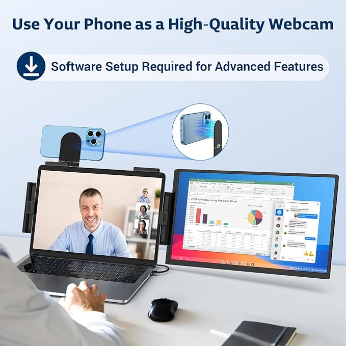 HONGO Portable Studio Display 15.6 FHD IPS 1080P Monitor — Laptop Screen Extender &amp Phone/Pad Mount for 14–16 Laptops Turn Phone into Webcam + Keyboard Control (Third‑Party App Required)