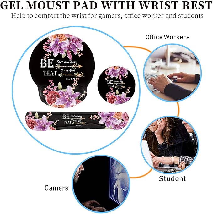 Keyboard Wrist Rest and Mouse Pad Wrist Support Set with Coffee Coaster Non-Slip PU Base for Gaming and Office Comfortable &amp Lightweight for Easy Typing &amp Pain ReliefFlower Bible Verse Psal