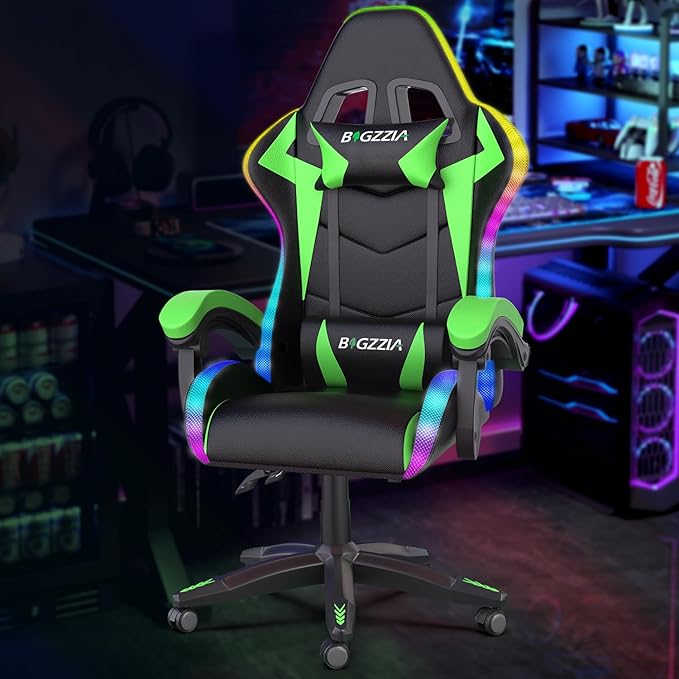 Gaming Chair with RGB LED Lights Ergonomic Computer Chair with Headrest and Lumbar Support PU Leather High Back Height Adjustable Swivel Video Game Chairs for Adults(Green)