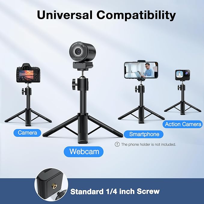 EMEET SmartCam S800-4K Webcam with Tripod for Streaming Sony 1/2'' Sensor Supports HDR PDAF&ampTOF Dual-autofocus 1080P@60FPS Adjustable Heights with 360° Swivel Head Perfect for Live Streaming