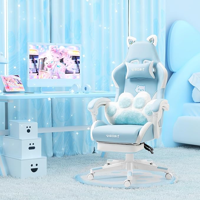 Cute Cat Ears Gaming Chair with Paw Lumbar Cushion High Back Computer Chair with Footrest 360° Swivel Height Adjustable Recliner Game Chair for Girls 300lbs (Blue)