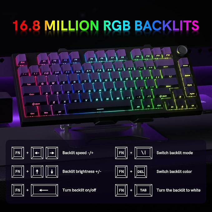 COSTOM WK75 75% Wireless Gaming Mechanical KeyboardBT5.0/2.4GHz/USB-C Hot Swappable Pre-lubed Custom Linear SwitchesGasket StructureRGB Backlit Keyboard for PC/Laptop/Xbox/PS4/PS5 (Purple)