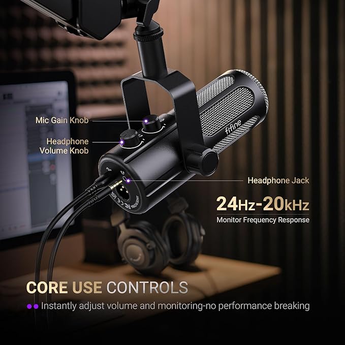 FIFINE Podcast Microphone with XLR Cable Bundle USB Recording Vocal Mic with Frequency Respond Adjustment Mute Button Headphone Monitoring Dynamic Microphone with 10ft Audio Cable-Tank6+L9