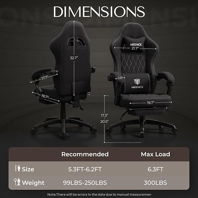 Gaming Chair Fabric with Pocket Spring Custion Ergonomic High Back Video Game Chair with Footrest Massage Lumbar Support Height Adjustable Comfy Computer Chair for Adults Game Office Onyx