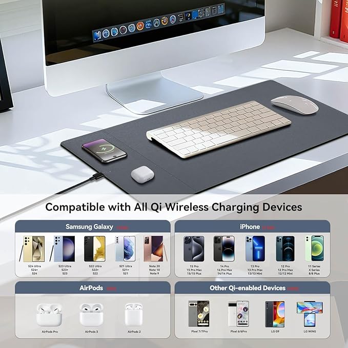 Wireless Charging Mouse Pad 15W Fast Charge Magnetic Charger Desk Pad Large Office Desk Mat (23.4x15.6) with Ultra-Smooth Surface Gray Computer Mousepad for MacBook PC Laptop