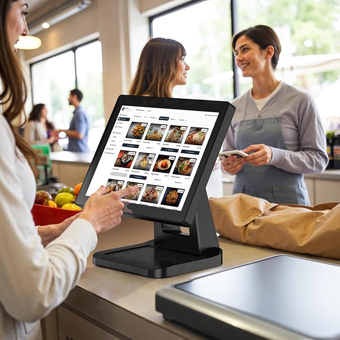 12.1-inch POS Touch Screen Monitor Capacitive Touchscreen with HDMI/VGA Input Heavy-Duty Metal Stand for Retail Restaurant Bar Gym Warehouse and POS System