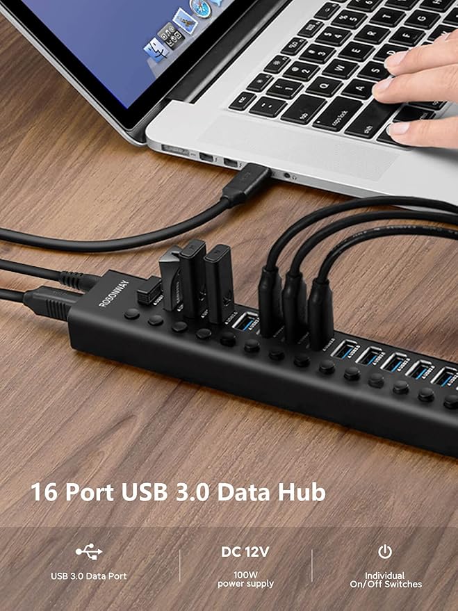 Powered USB Hub Rosonway 16 Ports 96W USB 3.0 Data Hub Aluminum USB Hub 3.0 Splitter with 12V/8A Power Adapter and Individual On/Off Switches RSH-A16 (Black)