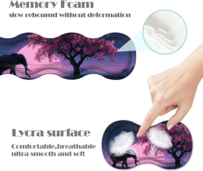 Ergonomic Keyboard Wrist Rest &amp Mouse Pad Wrist Rest SetXL Gaming Desk Mat 31.5x 11.8Non-Slip BaseMemory FoamEasy Typing Pain Relief for Office &amp HomeBlack Elephant Pink Tree