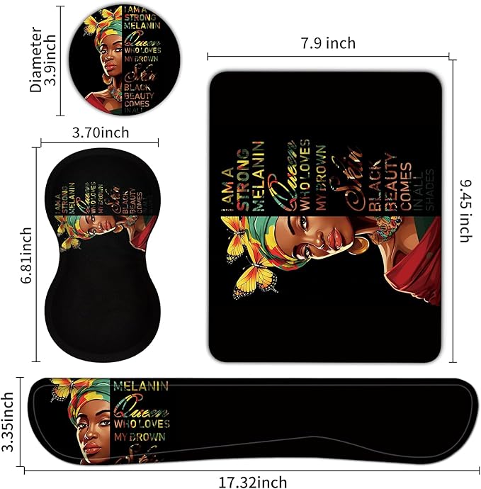 Keyboard Wrist Rest + Mouse Pad + Mouse Wrist Rest Support Set + Coaster Ergonomic Memory Foam Mouse and Keyboard Pad Set for Laptop Computer Office Home Working Gaming African Women Queen