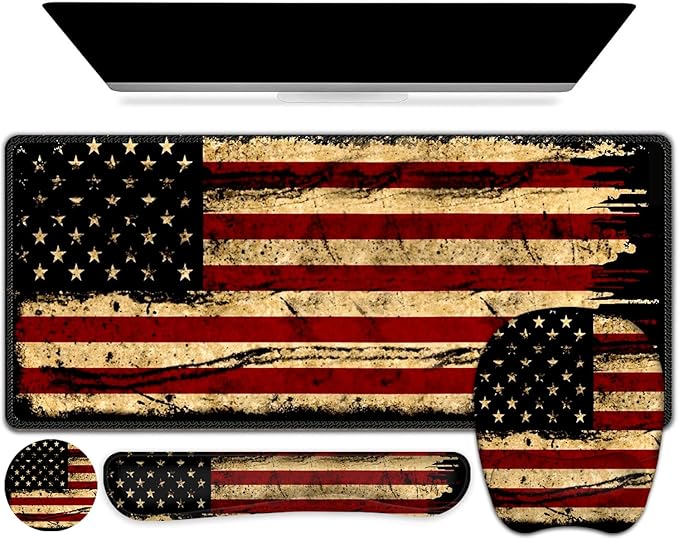 Large Mouse Pad with Wrist Support 4in1 Set XXL Game Mousepad + Keyboard Wrist Rest+Mouse Wrist Rest+Coaster with Ergonomic Design Gaming Mat for Home Office Table Computer I Retro USA Flag