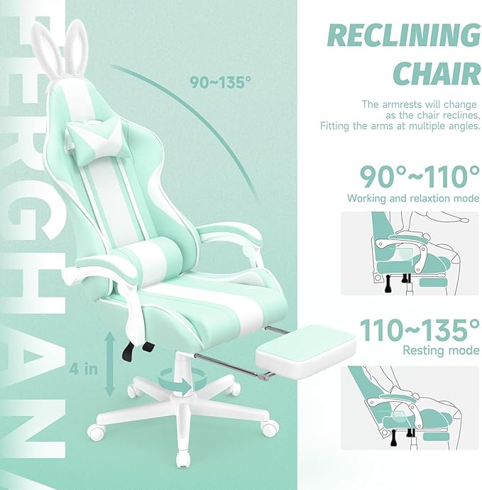Ferghana Kawaii Light Green Gaming Chair with Bunny Ears Ergonomic Cute Gamer Chair with Footrest and Massage Racing Reclining Leather Computer Game Chair for Girls Adults Teens Kids