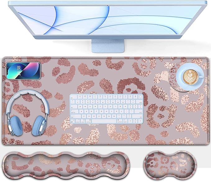 Rose Gold Leopard Pink XXL Mouse Mat - 31.5x11.8in Waterproof Gaming Mouse Pad with Ergonomic Memory Foam Wrist Rest Support for Home Office