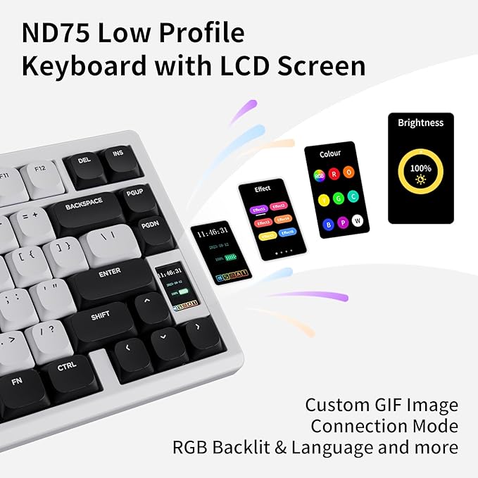 Mechanical Keyboard Chilkey ND75 LP Wireless Gaming Keyboard with LCD Screen Bluetooth 5.3/2.4G/USB-C Hot Swappable Per-Key RGB Custom Thin Front Wrist Rest Full-Aluminum PC/Mac Support