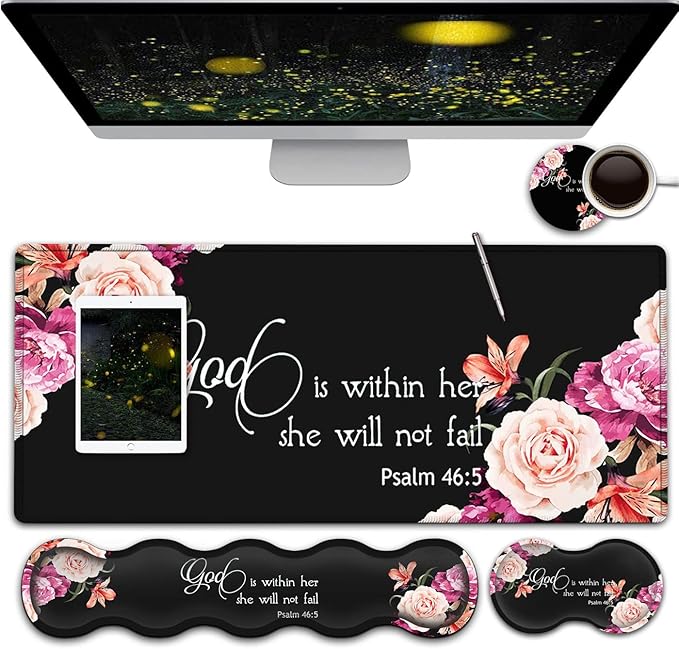 Keyboard Mouse Pad Wrist Rest Support Set Extended Gaming Mouse Pad Large XXL Mousepad + Ergonomic Memory Foam Wrist RestOffice Desk Mat Waterproof Writing Pad Peony Flower Psalm 46:5 Black