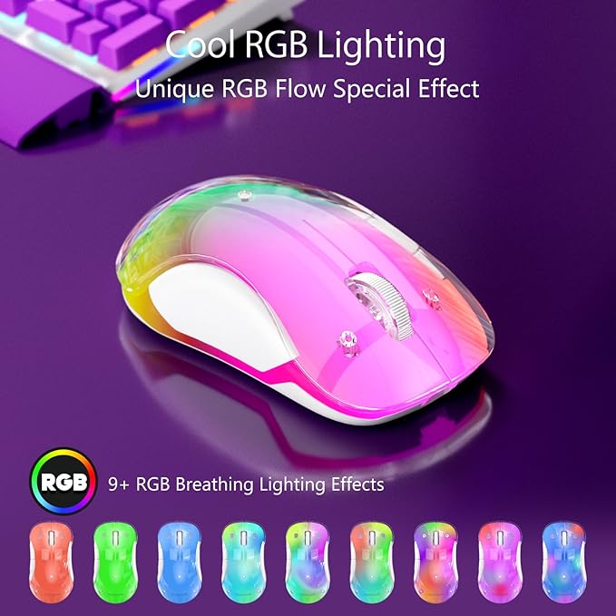 memzuoix 2.4G Wireless Mouse with Customizable Cover &amp 9-Color LED - Rechargeable Ergonomic 1400 DPI 5 Buttons USB Receiver for PC/Mac - Purple