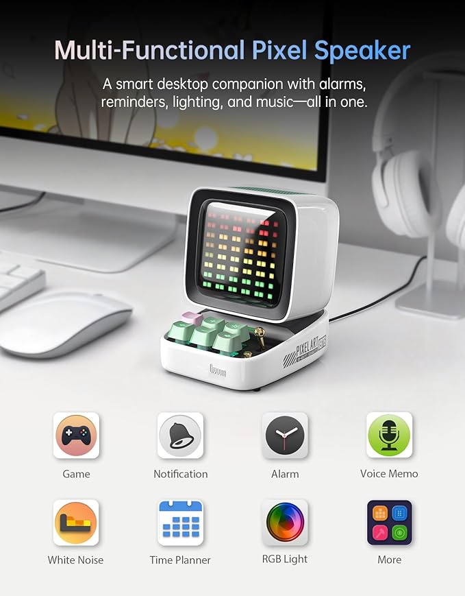 Divoom Ditoo Pro Retro Pixel Art Game Bluetooth Speaker with 16X16 LED App Controlled Front Screen (White)