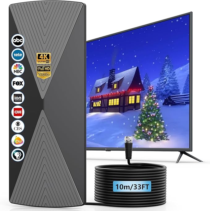 TV Antenna Indoor 2025 Long Range Antenna for Smart TV with Amplifier Signal Booster for Local ChannelsDigital inddor Antenna for All Older TV's-Supports 4K 1080p -33ft Long Cables