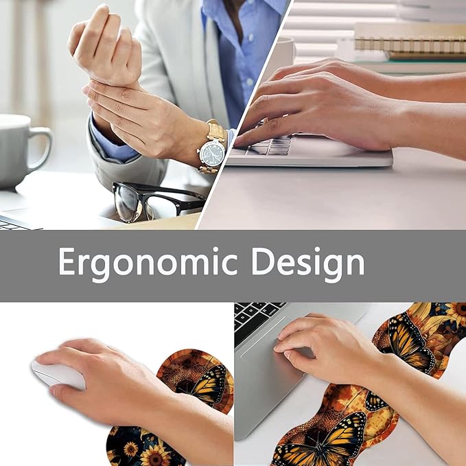 Large Gaming Mouse Pad + Keyboard Wrist Rest + Wrist Support + Coaster Set Memory Foam Ergonomic for Easy Typing XXL Extended Gaming Mouse Pad Table Pad - Sunflower and Butterfly