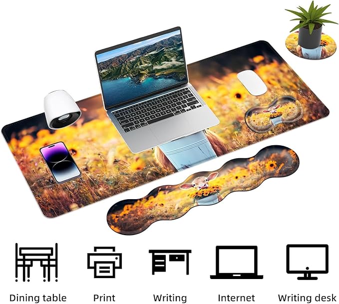 Keyboard Mouse Pad Set Extended Gaming Mouse Pad+Ergonomics Keyboard Wrist Rest Support Memory Foam Easy Typing Pain Relief 4Pcs XL Ultra Thick Desk MatCalf Sunflower Field