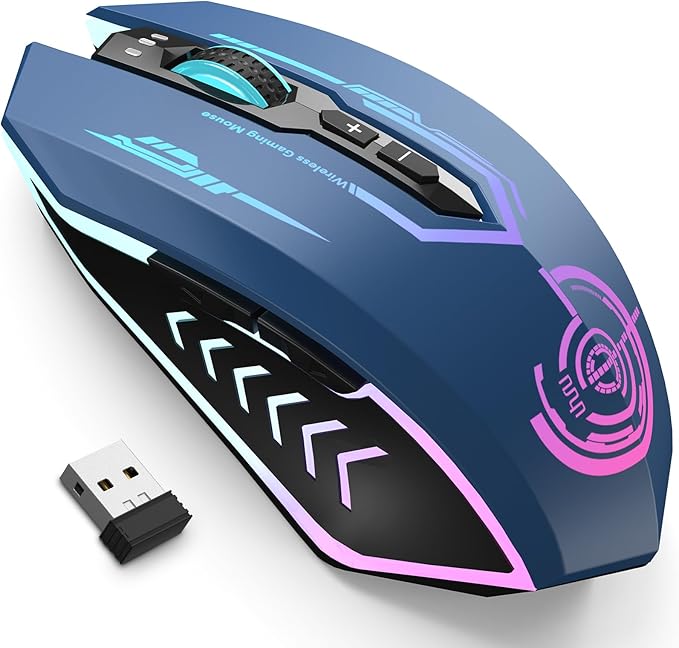 UHURU Gaming Mouse Wireless Gaming Mouse with 7 Buttons 7 Changeable LED Color up to 12000 DPI Rechargeable USB Gamer Mouse for PC Laptop (Blue)